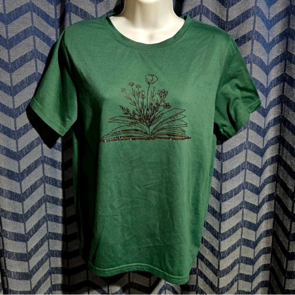SHEIN Forest Green Floral Book Graphic Tee Short Sleeve Cottagecore Top S